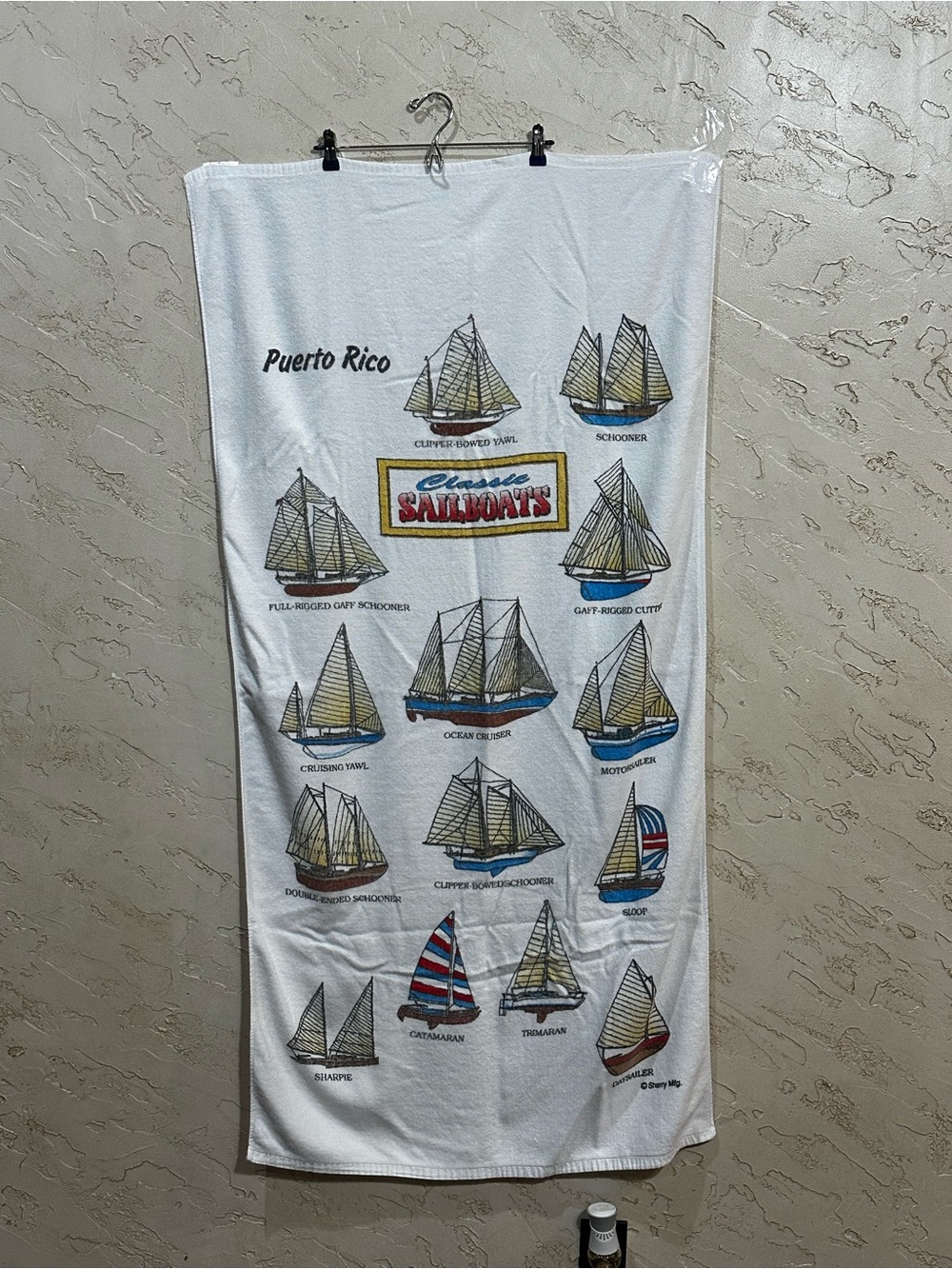 Puerto Rico Classic Sailboats Souvenir White Graphic Beach Towel approx 30”x57”